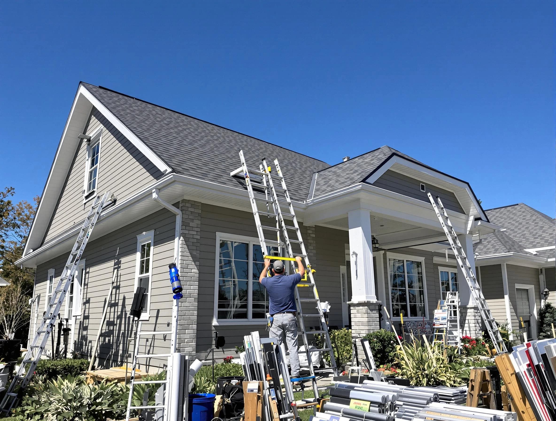 Medina Roofing Company fitting rain gutters at a home in Medina, OH